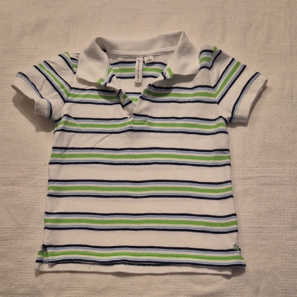 Janie and Jack boys size 3 white with green & blue striped polo shirt VGUC
